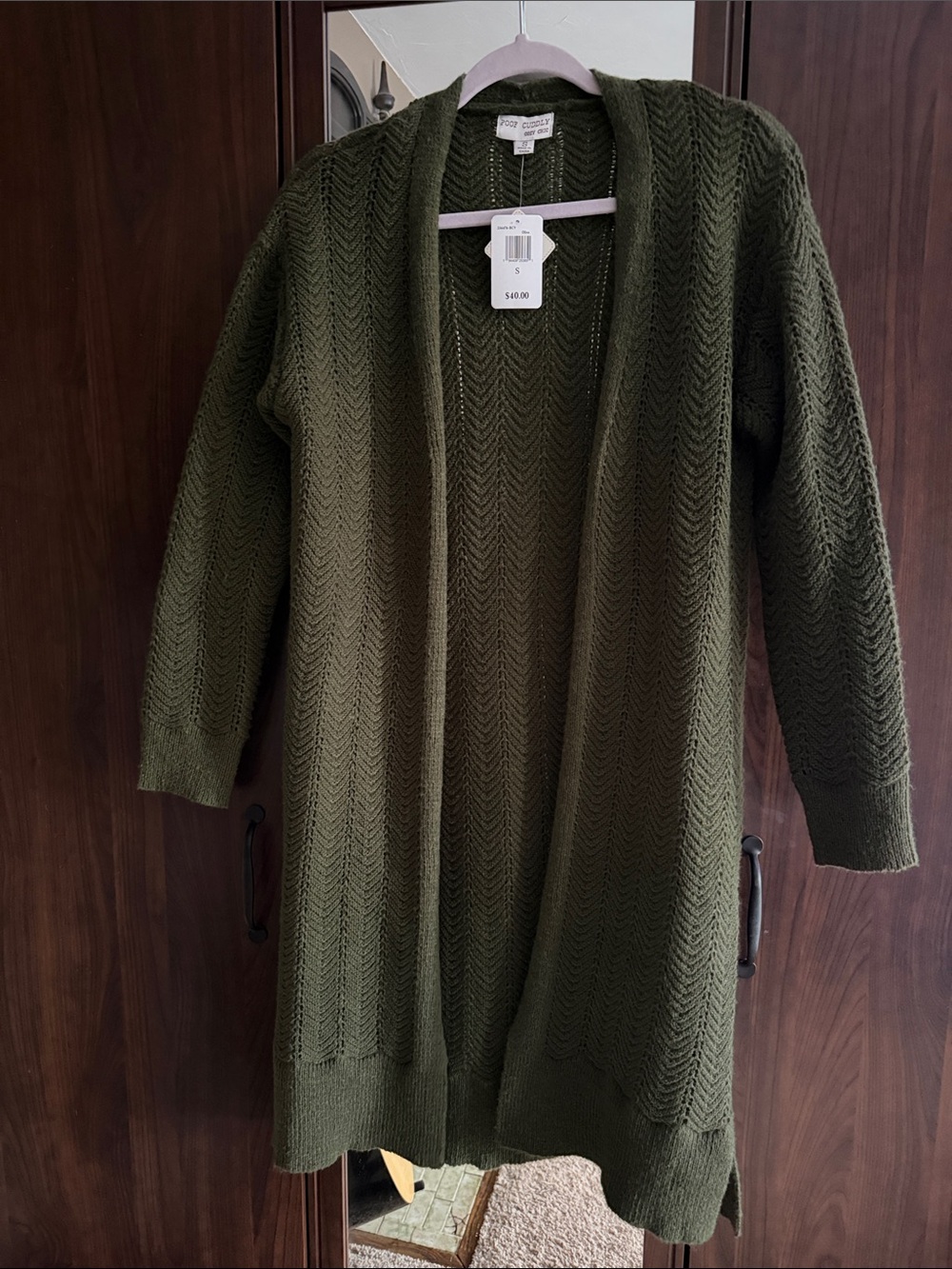 NWT Poof Cuddly Open Front Olive Green Long Sweater, Women’s Small 🤍